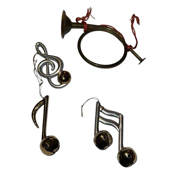 Lot 4 Music Note Ornaments Treble Clef Notes Brass Horn Jingle Bells Christmas - Picture 1 of 8